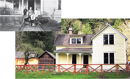 Mary Olson Farm is perhaps the best-preserved historic family subsistence farm in the state. 
(above) Mary’s two-story farmhouse
(inset) Mary, her daughter Anna and others, c1925