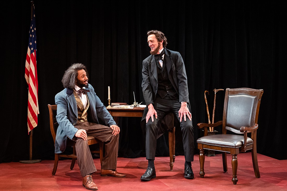 Lamar Legend (as Frederick Douglass) and Ted Rooney (as Abraham Lincoln) in "Necessary Sacrifices" at Taproot Theatre