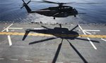 A U.S. Navy CH-53 Sea Stallion helicopter lands on the deck of the USS Iwo Jima as the amphibious assault ship approaches New York for Fleet Week, May 25, 2010. REUTERS/Lucas Jackson