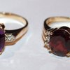 Colored gemstone rings (amethyst, left, and ruby) with diamond accents.
