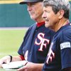 Dick Fitzgerald (l) and Ken Combs are a formidable pitcher/catcher duo in the Puget Sound Senior Baseball League. Photo courtesy of Ken & Susanne Combs