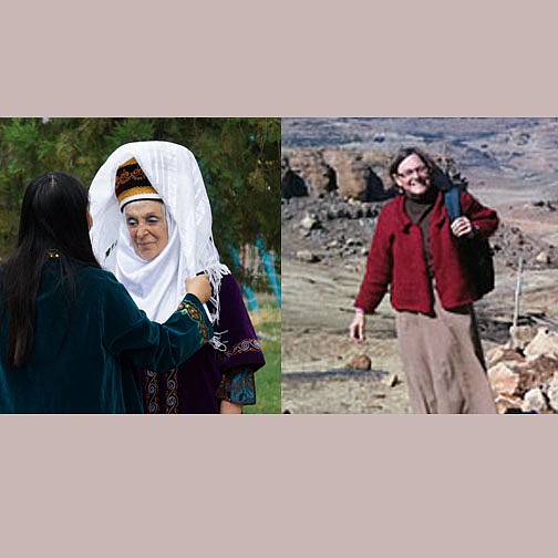 (left to right) Willoughby Ann Walsh (seen in traditional Kyrgyz garb) and Barbara Meyer, both of Seattle, are serving in the Peace Corps - Willoughby in Kyrgyzstan and Barbara in Lesotho