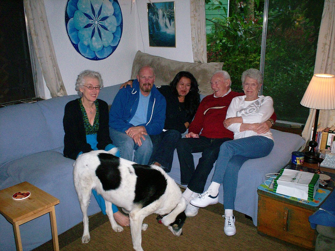 Victor smiling with family: me (Ariele), son Brian & his wife Diane, Vic's girlfriend Tedi and her TRUE LOVE, our dog Aladar!