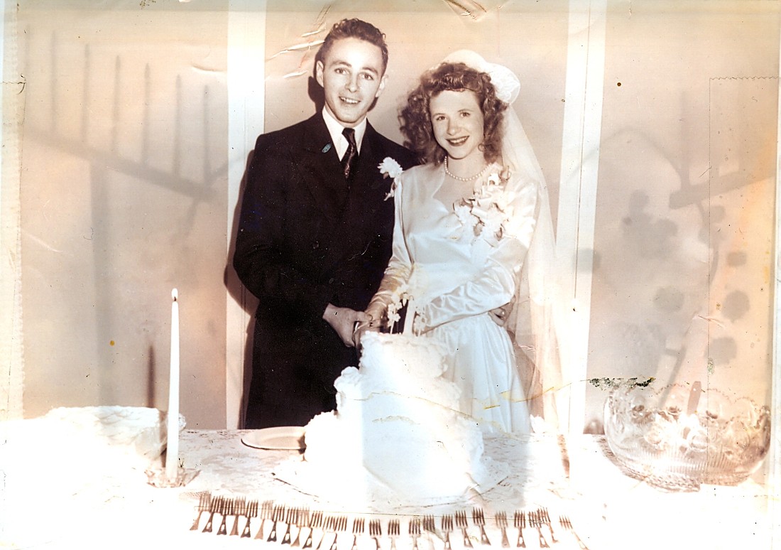 Roger and Francie Wilson on their wedding day that led to 66 happy years together. He looks like he won the lottery. Turns out that was about right!