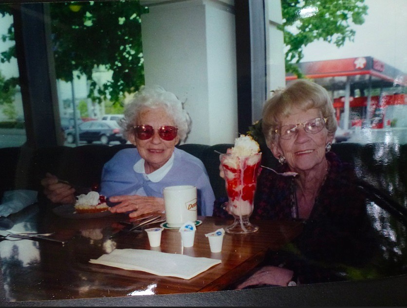 The author's mother Harriett (left) and her mother-in-law Violet (right) were great friends. Here they are
enjoying dessert at Denny's in Ballard. Violet was an inspiration to the author on how to live a full life with
hearing loss