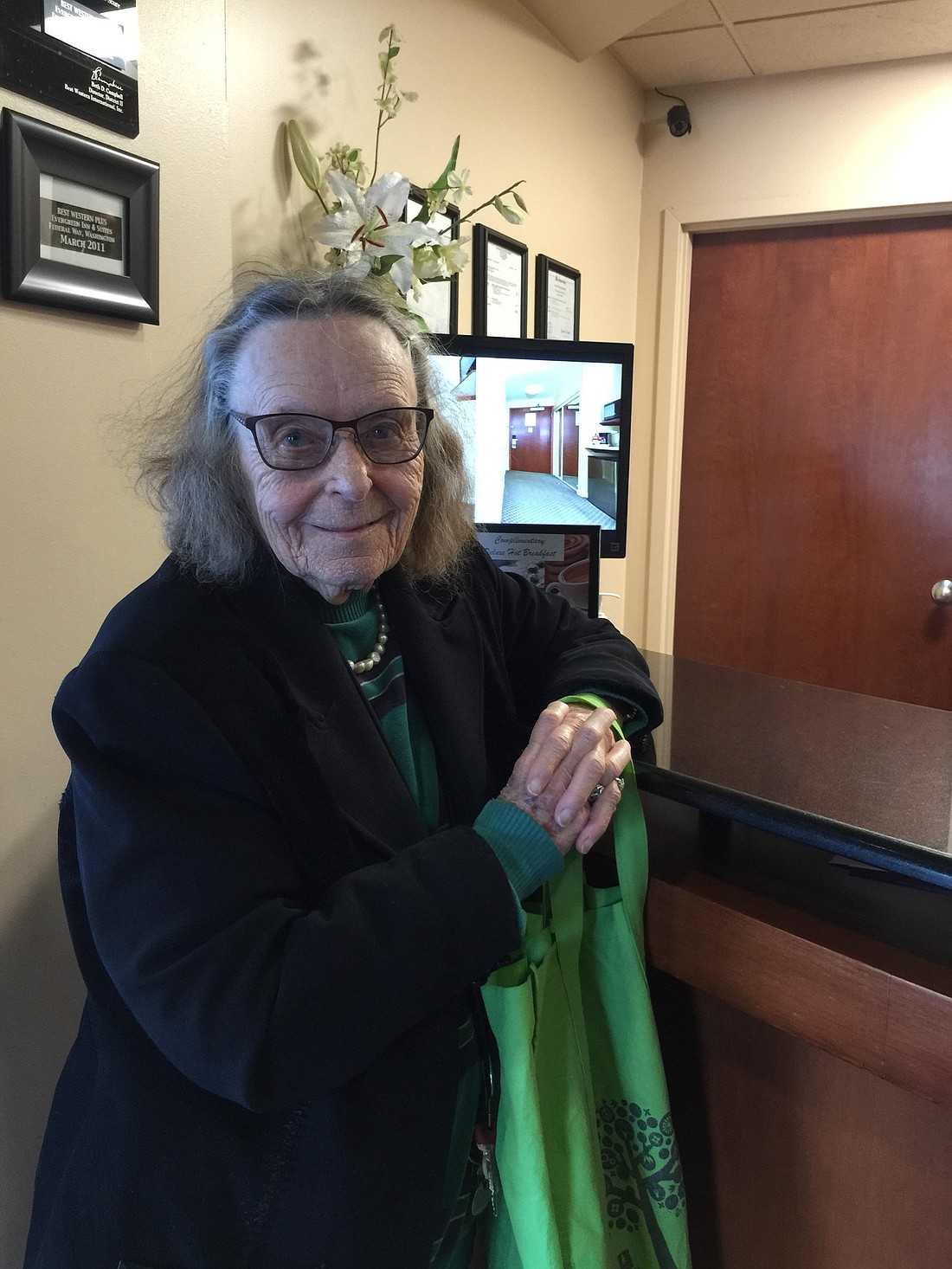Miss Alice, as she's known, will turn 100 this month. She still works full-time as owner / manager at her
hotel, the Best Western Evergreen Inn & Suites in Federal Way