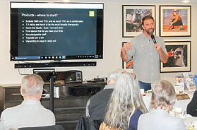 Aaron Varney, co-owner of Dockside Cannabis, gives a talk at a local retirement community about the therapeutic benefits of marijuana
