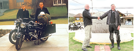 (left) Dave and Keith at the beginning of their six month, 25,000-mile 1963 trip. This was one of the first recorded motorcycle trips through the Americas. 
(right) 50 years later, Keith and Dave at the equator in Ecuador. Keith is standing in the Southern hemisphere and Dave is in the Northern hemisphere