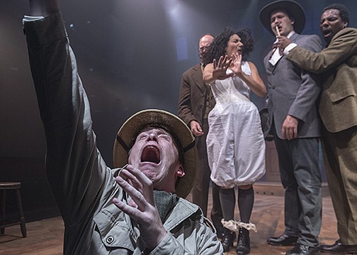 Eric Hampton, Michael Patten, Elizabeth Keck, Nick Watson and Reginald André Jackson in Baskerville: A Sherlock Holmes Mystery at Taproot Theatre through October 20. . Photo by Erik Stuhaug.