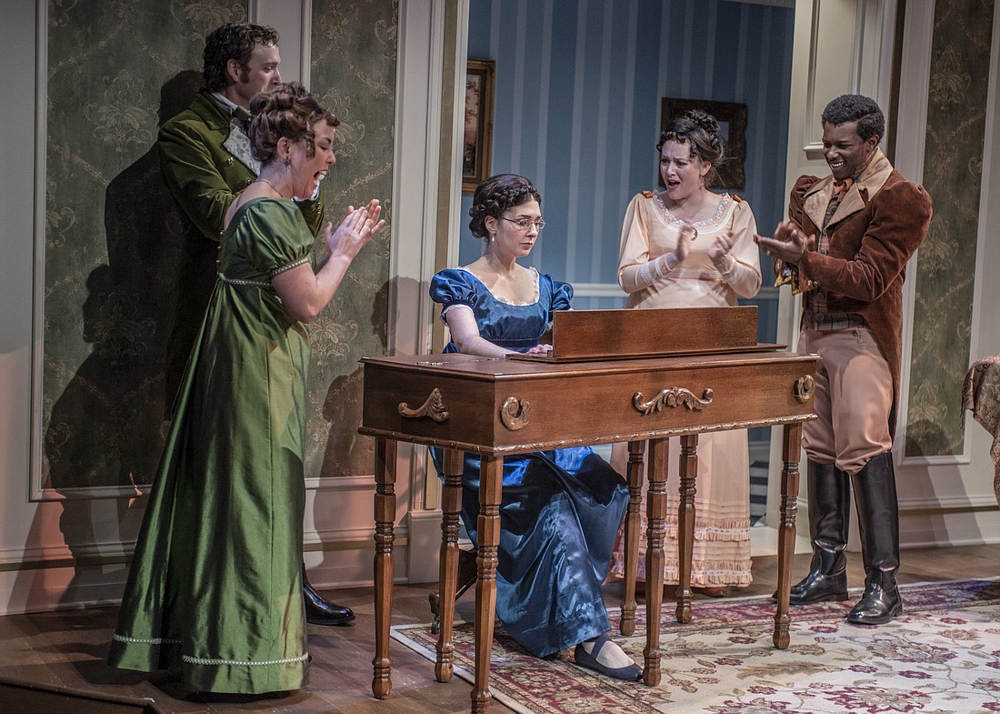 Brian Pucheu, Hana Lass, Shanna Allman, Melanie Hampton and Dimitri Woods in Miss Bennet: Christmas at Pemberley at Taproot Theatre.