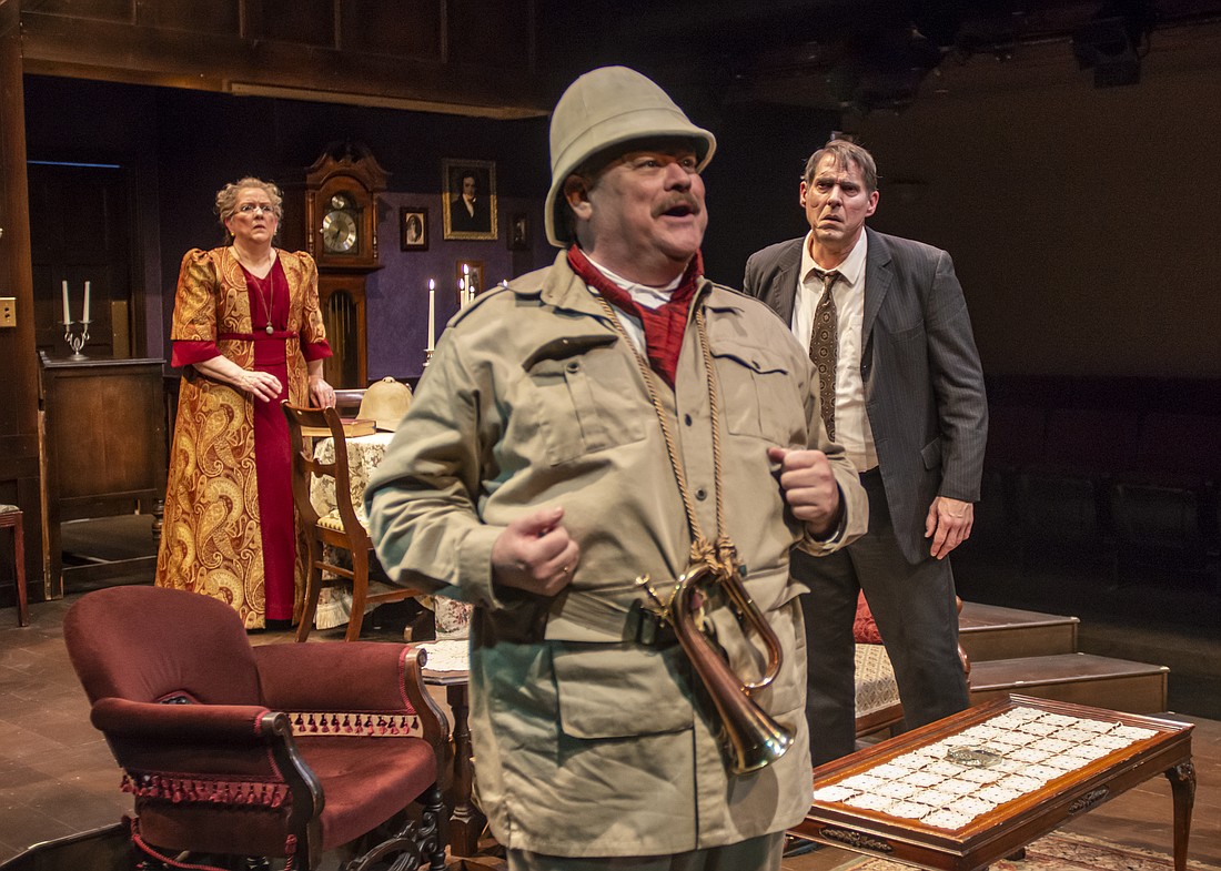 Kim Morris, Stephen Grenley and David Drummond in "Arsenic and Old Lace" at Taproot Theatre