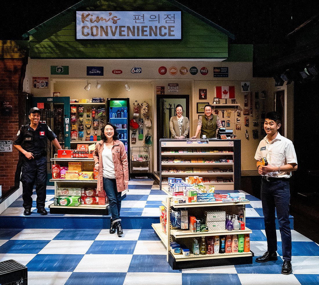 Obadiah Freeman, Lia Lee, Annie Yim, James Yi and Parker Kennedy in "Kim’s Convenience" at Taproot Theatre