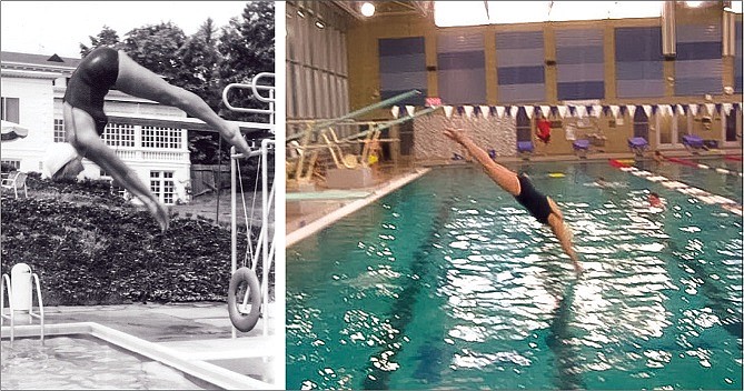 The color photo of Suzanne at the Snohomish Aquatic Center documents the
moment she achieved the one item on her 2019 “Challenge List.” The blackand-
white photo was taken at a pool on Staten Island, 1960.