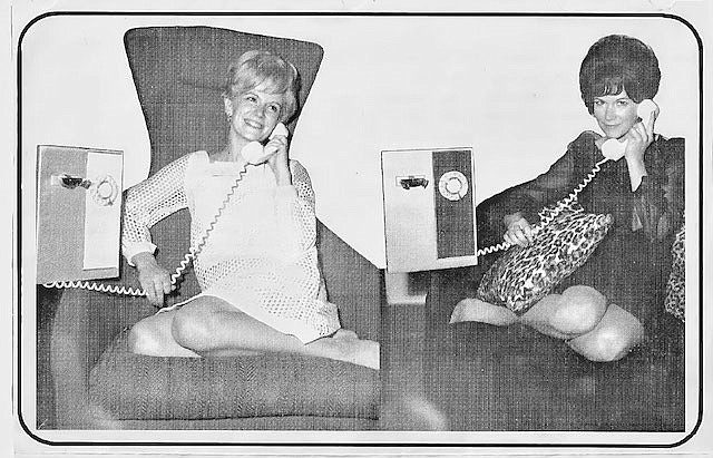 Young Janet not only worked for General Telephone in 1967, she was recruited to pose for one of their ads. Here she is as a natural blonde and in a dark wig. Ad copy read: “Janet can change the removable insert on her telephone to match her décor, her mood, her wardrobe or even her hair color.”