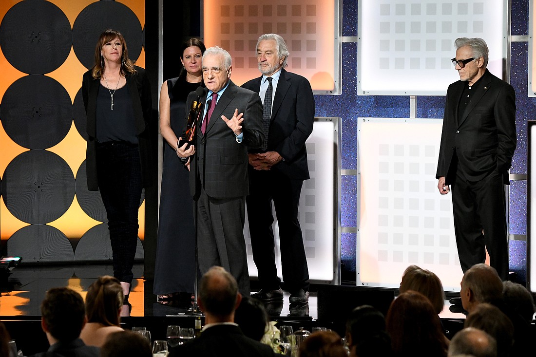 (L-R) Jane Rosenthal, Emma Tillinger Koskoff, Martin Scorsese, and Robert De Niro accept Best Movie for Grownups for 'The Irishman' from Harvey Keitel onstage during from AARP The Magazine's 19th Annual Movies For Grownups Awards at Beverly Wilshire, A Four Seasons Hotel on January 11, 2020 in Beverly Hills, California.
Credit: Photo by Michael Kovac/Getty Images for AARP