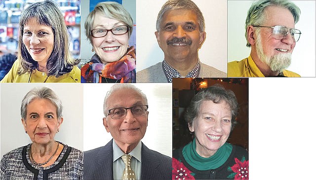 Clockwise from top left: Dori Gillam, Trudy James, Mohan Khandekar, Val Brustad, Shirin Velji, Sadru Kachra, Jessie Strauss.