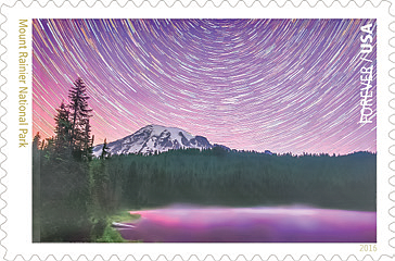 On June 23, 2015, photographer Matt Dieterich took 200 images of Mount Rainier that were merged to create this stunning “star trail” photo. It was selected as one of 16 images for Postal Service stamps celebrating the National Park Service centennial.