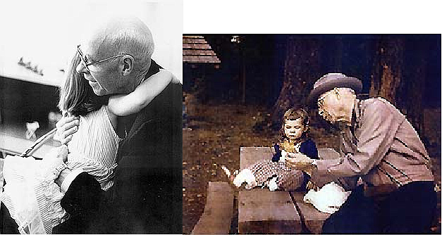 (left) Luke May and granddaughter Mindi Reid, Mindi's 4th Birthday, June 1962. 
(right) Luke May and granddaughter Mindi in a Redmond park, ca. 1960. Photos courtesy Mindi Reid.