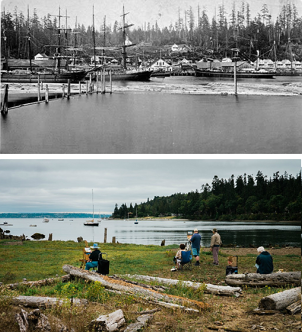 TOP: Port Blakely Mill Co. operations and harbor sailing ships, 1882
BOTTOM: Blakely Harbor Park can now be found on the former location of the mill. Photo by Shaun Swalley, courtesy of the Bainbridge Island Land Trust.