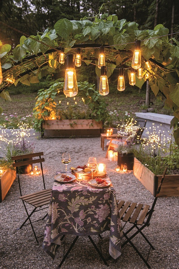 Enjoy an after-dark glow on your patio or deck with retro Edison-bulb solar lights. Photo courtesy of Gardner's Supply Company