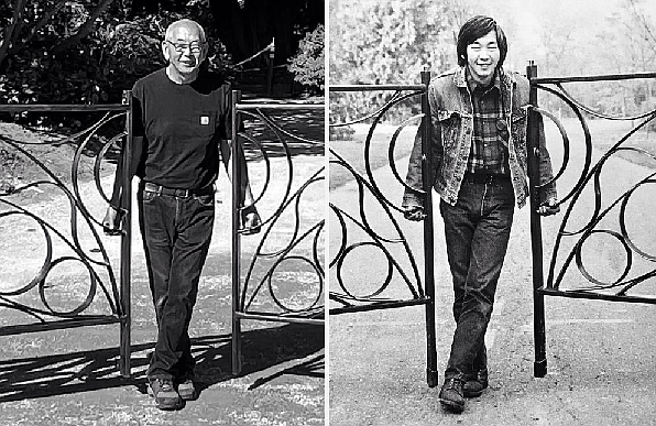 At left, Gerard Tsutakawa stands with his newly recreated “Memorial Gates” at the Washington Park Arboretum on Sept. 8, 2022 (photo by Daniel Spils, courtesy of Crosscut.com). At right, a much younger Gerard Tsutakawa stands with the original gates in 1976 (photo courtesy of the Arboretum Foundation). Based on a design by his father George Tsutakawa, Gerard fabricated both sets of gates, old and new.