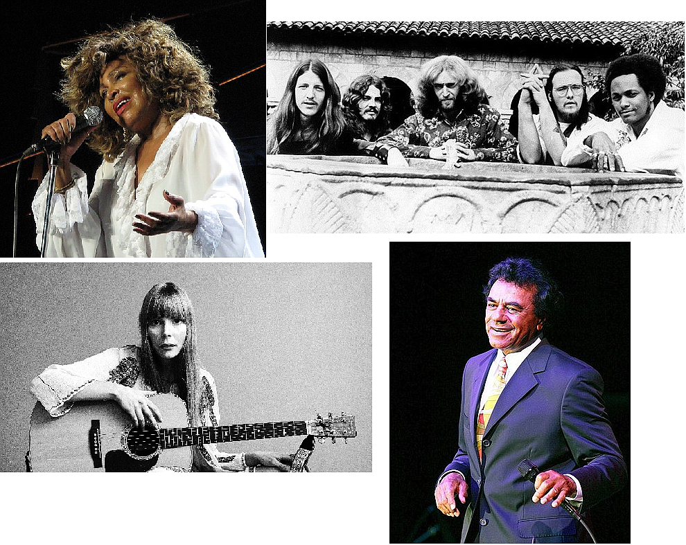 People are turning to music therapy, which has the potential to change emotional states and can distract listeners from pain. Photo clockwise: Tina Turner, Doobie Brothers, Johnny Mathis, Joni Mitchell