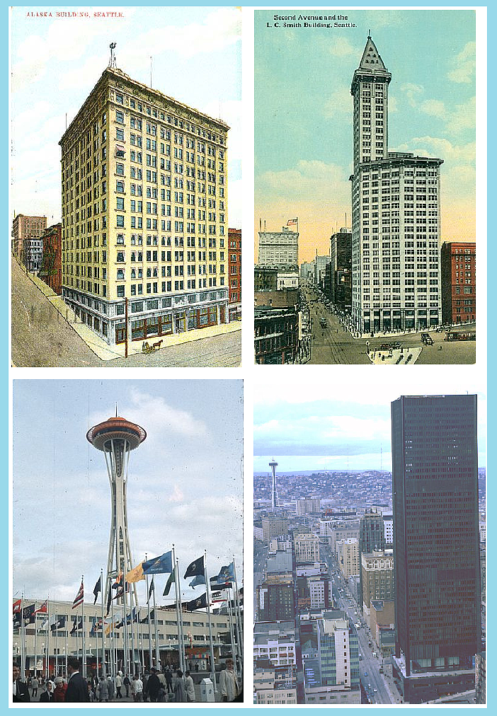 (left to right, upper row): Alaska Building, ca 1903; Smith Tower, ca 1914
(left to right, lower row): Space Needle, ca 1962; Seattle First National Bank (also known as the box the Space Needle came in), ca 1969.