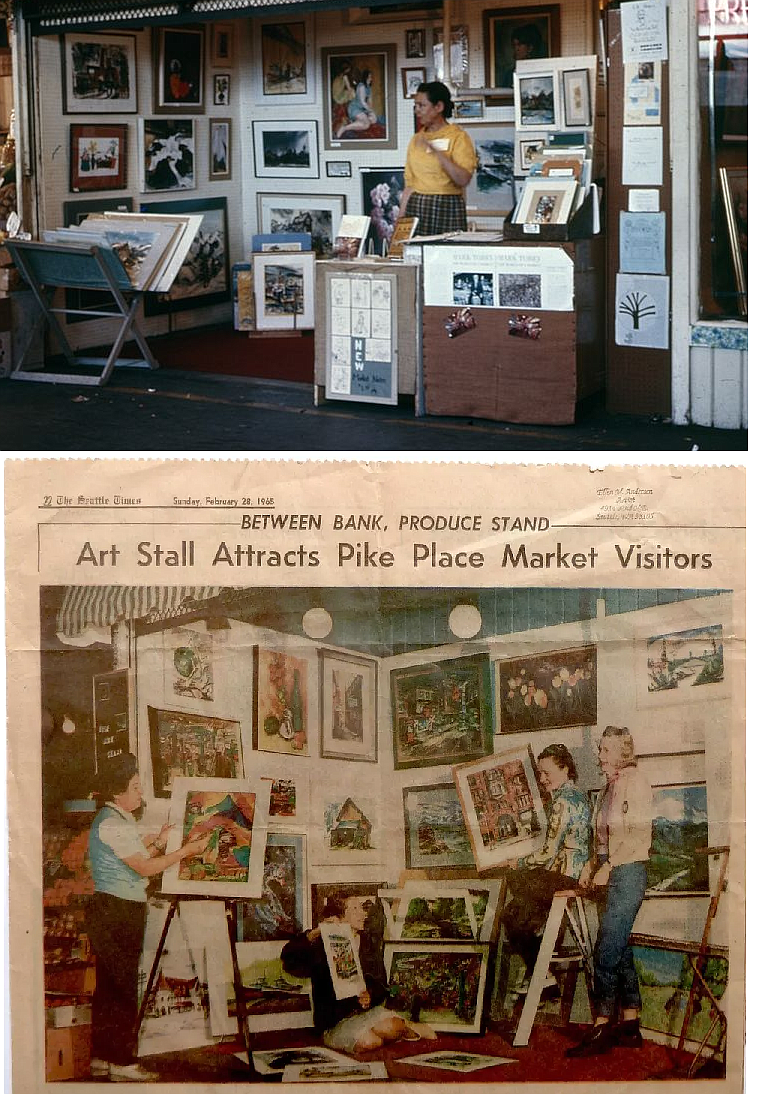 The Art Stall Gallery at the Pike Place Market is an all-women cooperative that has been in operation for over 50 years. The Seattle Times piece on the Art Stall Gallery is from 1965.