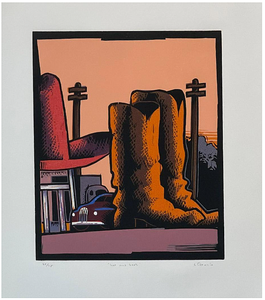 “Hat and Boots” by Lockwood Dennis (1998) is oil base ink on rag paper (15 X 12 inches). For the artist, his “Hat and Boots” piece recalls the plentiful, but quickly diminishing, goofy roadside attractions of the past.