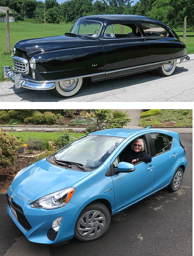 The top photo shows a 1949 Nash. Pat D'Amico learned to drive in her father's 1949 Nash.
The bottom photo shows Pat in her "Bluebird," a 2016 Prius C.