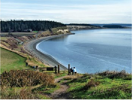 Ebey's Landing on Whidbey Island offers hiking and panoramic views of agricultural lands, the Salish Sea, Mount Baker, Mount Rainier, the Cascades and Olympic mountains