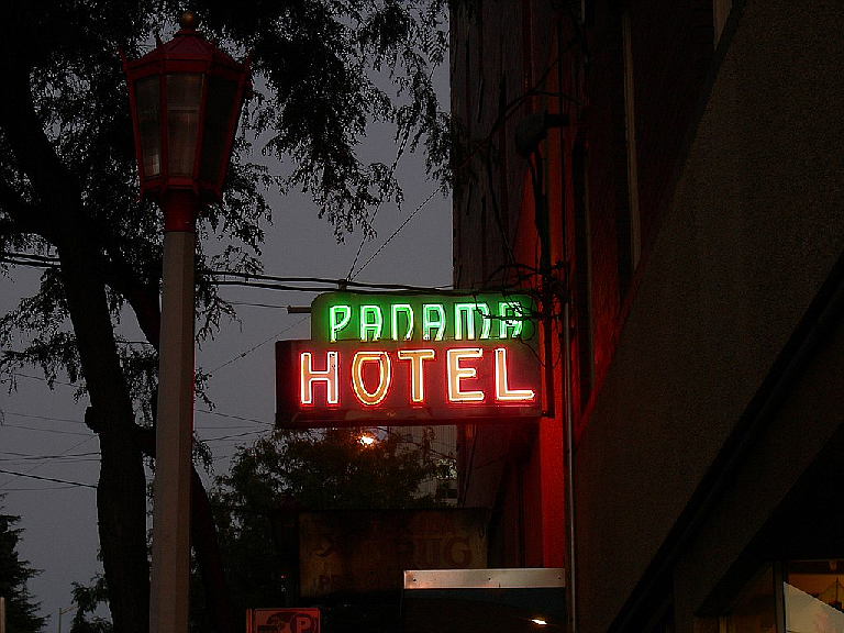 The Panama Hotel sign at night, photo by Joe Mabel