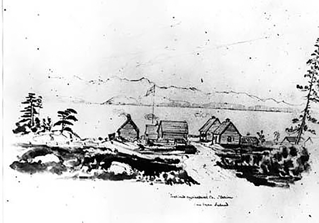Belle Vue farm, looking south toward Strait of Juan de Fuca and the Olympic Mountains, San Juan Island, 1858. Sketch by Lieutenant James Madison Alden, Courtesy National Park Service.