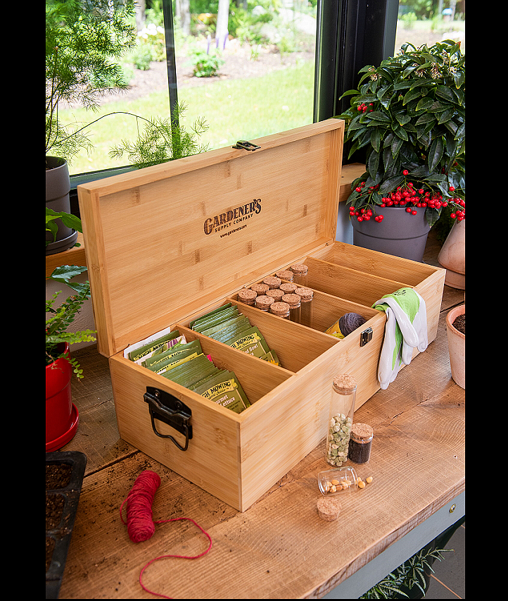This bamboo seed saver kit contains storage envelopes, glass vials and compartments to organize seeds and hold them in place. Photo courtesy of Gardener’s Supply Company/gardeners.com