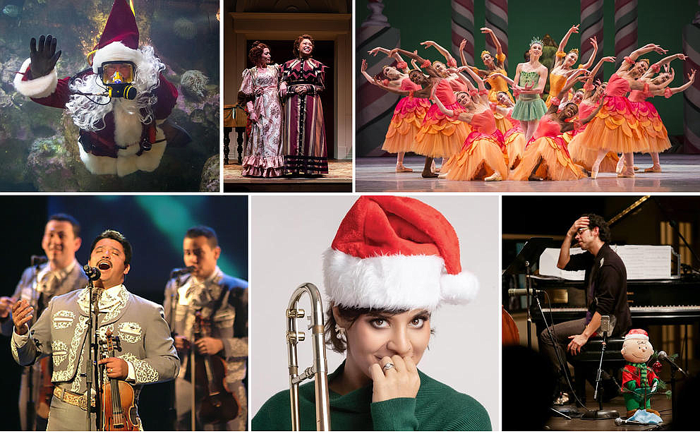 op (L-R): Diving Santa (Seattle Aquarium); ‘Georgiana & Kitty: Christmas at Pemberley’ (Taproot Theatre); Balanchine’s The Nutcracker at Pacific Northwest Ballet (Angela Sterling). Bottom (L-R): Mariachi Sol de Mexico (STG Presents); Aubrey Logan with Holiday Pops (Seattle Symphony); Jose Gonzales Trio (Strawshop).