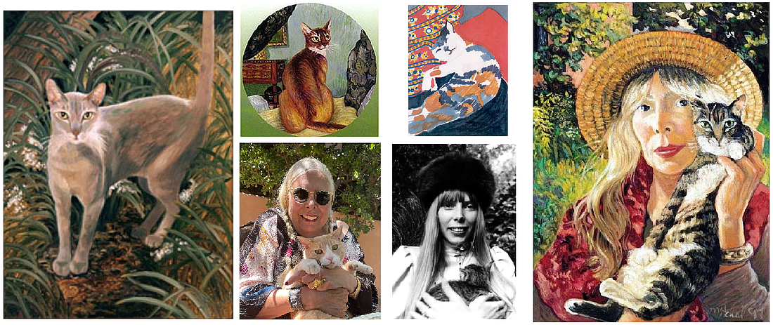 This image features several of Joni Mitchell's paintings, along with photos of a young and older Joni cuddling cats