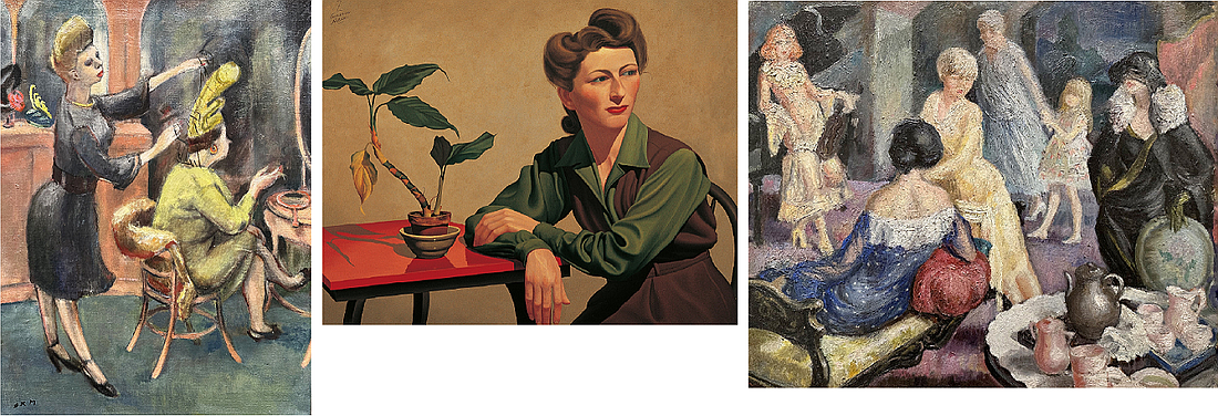 (left to right) 
Anne Kutka McCosh, (1902-94), At the Millinery Shop, c.1938, Oil, Private Collection; Z. Vanessa Helder, (1904-68), Portrait of Blanche Luzader Morgan, c.1939, Oil, Private Collection; Mabel Lisle Ducasse, (1895-1976), Untitled [women having tea], c.1922, Oil, Collection of Lindsey and Carolyn Echelbarger