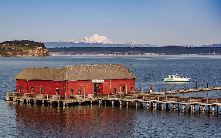 Coupeville Wharf with Mount Baker in the background, photo courtesy Embrace Whidbey and Camano Islands