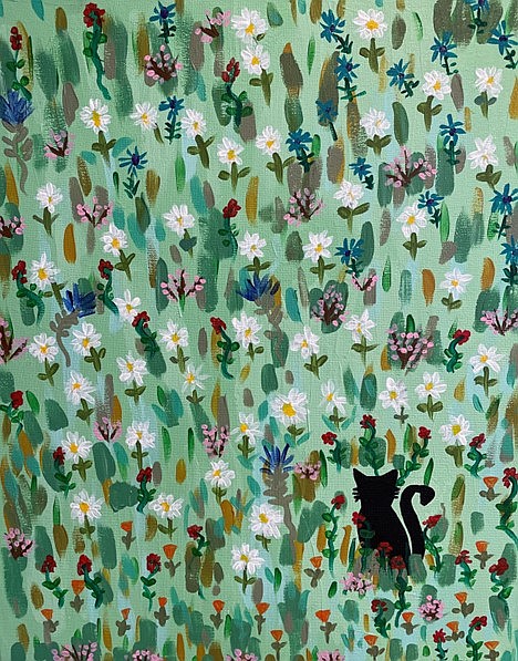 Denise's original painting: Kitty in a Field of Flowers. Acrylic on stretched canvas. She says, "I had the great privilege of Kitty’s companionship for 20 years. She was very loved."