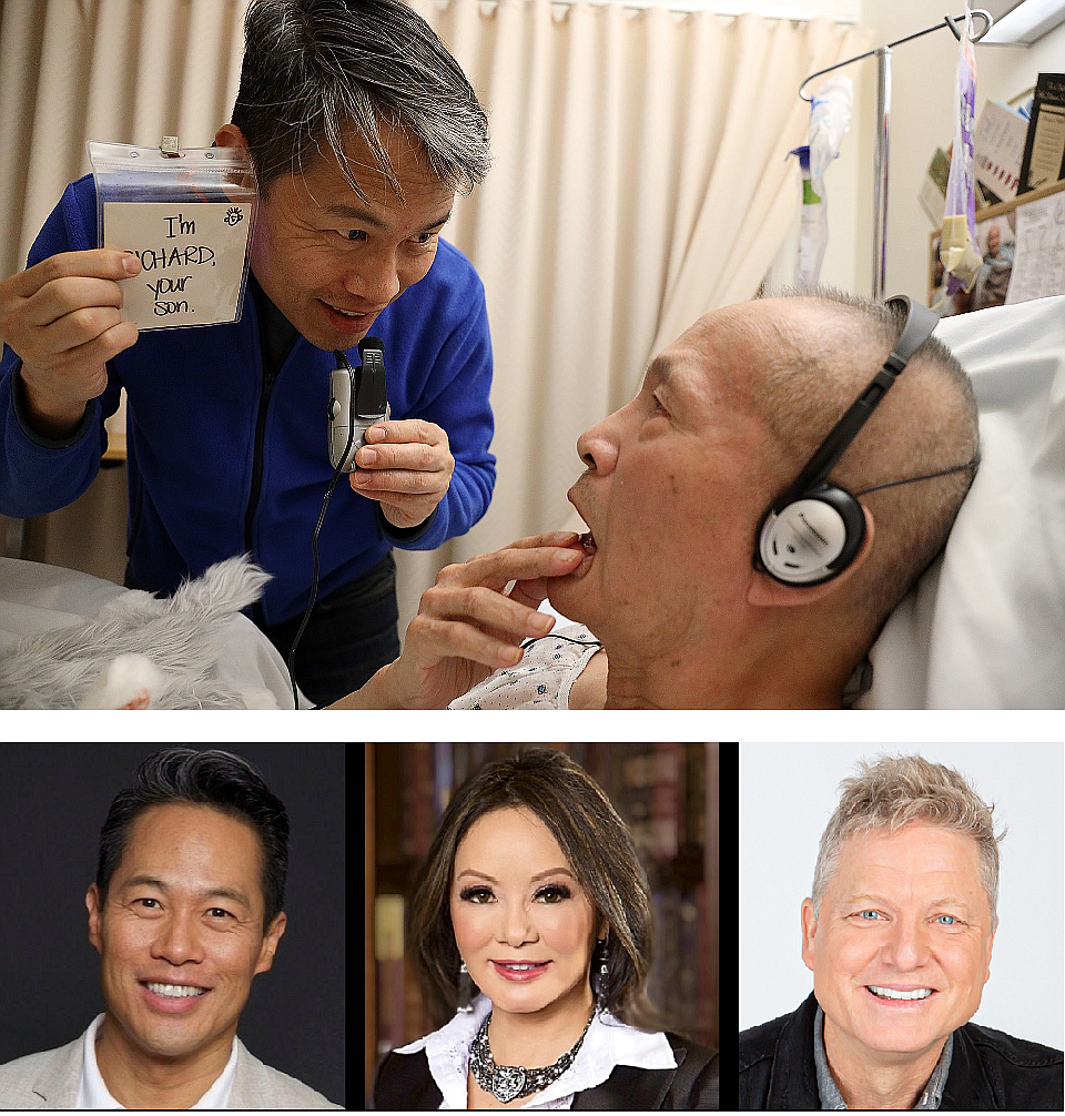 (top) Richard Lui with his father. 
(bottom, left to right) Richard Lui, Dr. Kate Zhong, and KING 5's Jim Dever