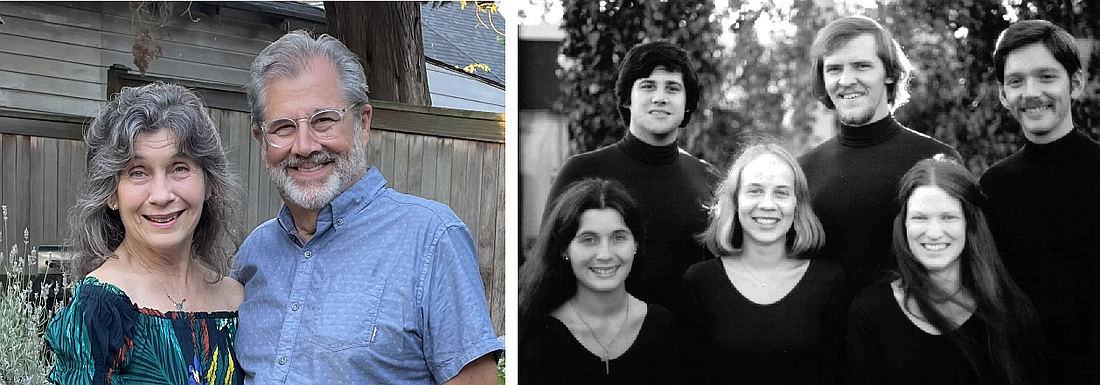 Now & Then: (left) Pam and Scott Nolte today. (right) Scott and Pam in 1976 with the other cofounders of Taproot Theatre. 
Back row: Scott Nolte, Jeff Barker, Jonathan Langer.  
Front row: Pam Nolte, Carol Krenelka, Karen Barker.  
Photos courtesy Scott and Pam Nolte