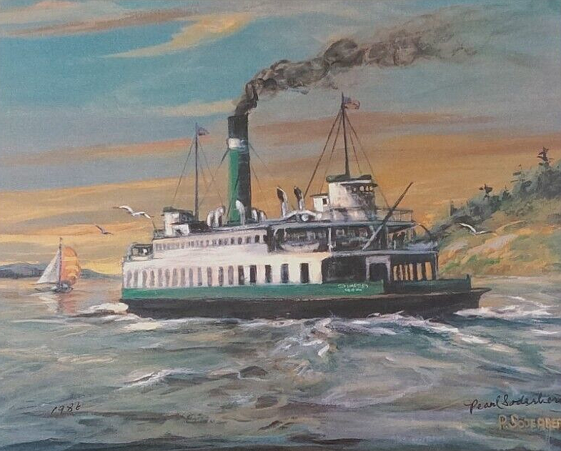 Pearl Soderburg’s painting of the San Mateo. The late artist was from Kingston, Wash. The San Mateo Ferry was in use for a while on the Seattle-Suqamish route. "It was under state ownership that the ferry became a beloved icon on Puget Sound. People responded to the sound of her steam engines and whistle, the stained-glass windows of her interior, the mahogany pew-like benches in her passenger cabin." --follow the link for more information on the San Mateo ferry: https://evergreenfleet.com/san-mateo/