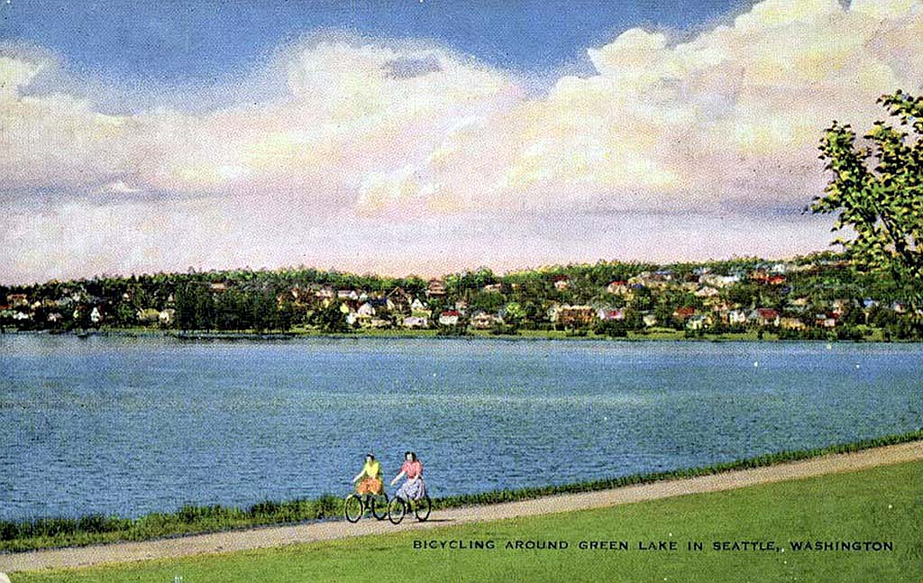 A vintage postcard of Green Lake in Seattle from the 1920s