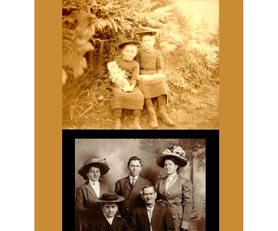 TOP: Bessie, at right, with her sister, June
BOTTOM (top row, left-right): Sister June, Uncle Tom, Bessie (bottom row): Lois and John Charawell (Bessie's mother and father)