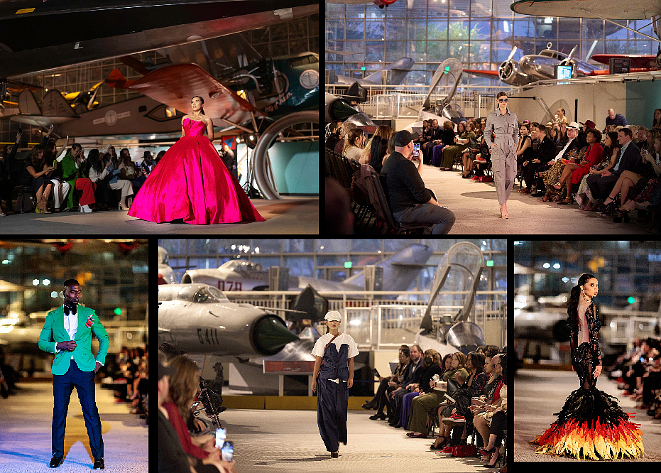 Fashion in Flight at the Museum of Flight on November 2 offers a Red Carpet Walk that brings some of the top designers in Seattle to the forefront. Clockwise starting upper left: Designer Walace Style, model Maricres Castro, photographer Tim Lawrence; Designer Rossario George, model Kylie Johnson, photographer Astrid Ji; Designer Walace Style, model Raquel Bagans, photographer Jared Ribic; Designer Rossario George, model Stevie Lizama, photographer Astrid Ji; Designer Gustavo Apiti Couture, model Adilison Correia, photographer Jared Ribic.