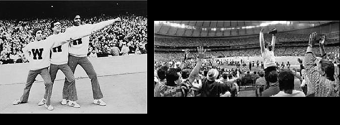 (Left photo): Robb Weller (l) with fellow University of Washington yell leaders, ca. 1970, courtesy of UW. (Right photo): Fans start The Wave at a Seattle Seahawks game, Kingdome, Seattle, October 16, 1988, courtesy UW Special Collections (UW40631)