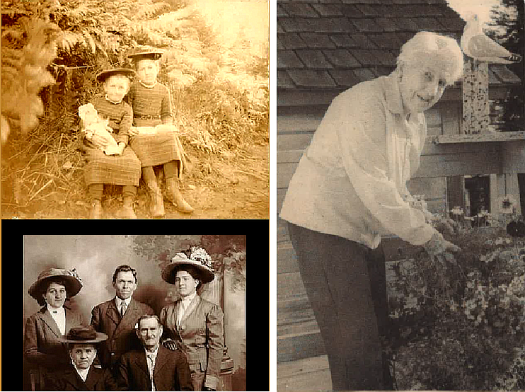 Upper-Left: Bessie (right) with her sister, June. 
Lower-Left: (top row, left-right): Sister June, Uncle Tom, Bessie (bottom row): Lois and John Charawell (Bessie's mother and father).
Right Photo: Bessie in her garden at age 90.