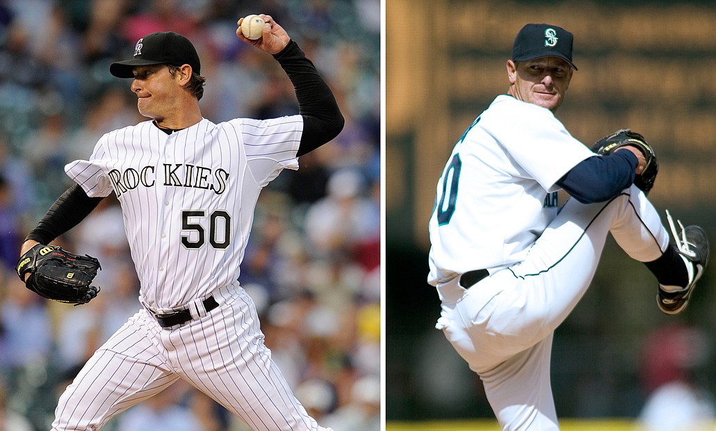 (left) In April Jamie Moyer became the oldest player in big league history to be credited with a victory. Photo courtesy Colorado Rockies Baseball Club. (right) Jamie Moyer was a fan-favorite when he pitched for the Seattle Mariners. Photo courtesy Seattle Mariners / Ben Van Houten