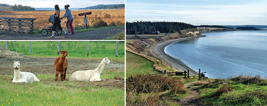 (top left) Theler Wetlands Trail. Courtesy ExploreHoodCanal.com. (bottom left) The trail connects to a historic farm open to the public. Courtesy Northwest Salmon Center. (right) Spectacular views can be found at Ebey’s Landing. © Rick Lawler, www.whidbeyphotos.com