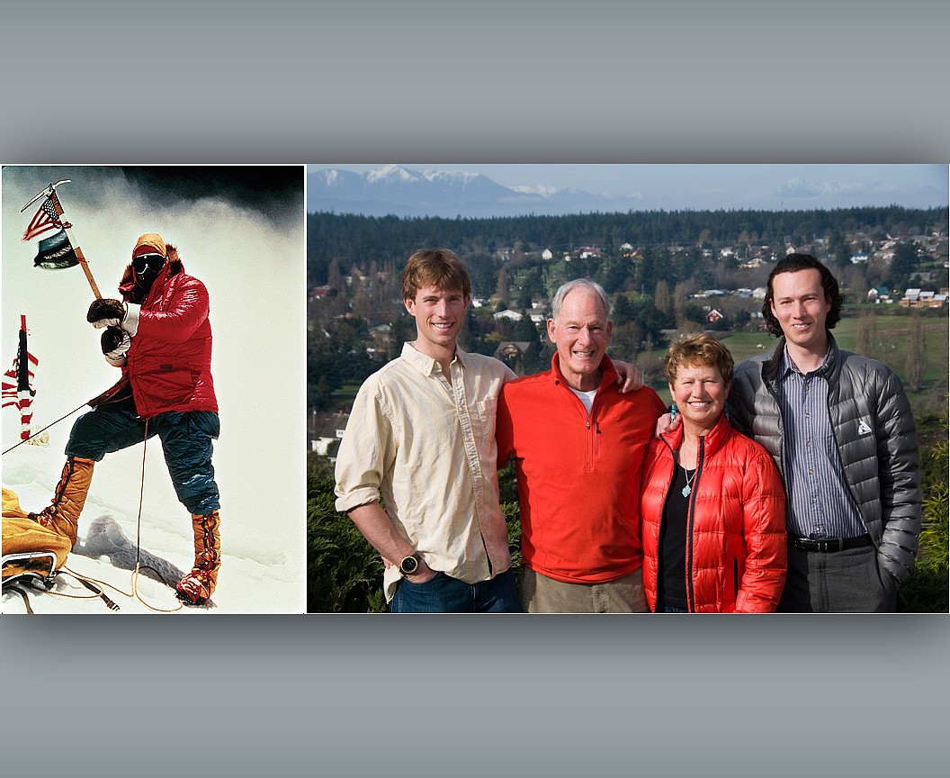 (Left) Jim Whittaker, summit of Mount Everest, May 1, 1963, photo by Nawang Gombu. (Right) Outside the family home in Port Townsend (l-r) Leif Whittaker, Jim Whittaker, Dianne Roberts, Joss Whittaker, photo by Dianne Roberts